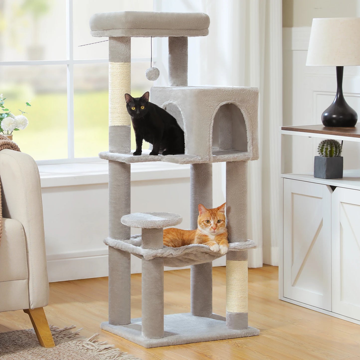 Two cats on a multi-level cat tree in a living room setting.