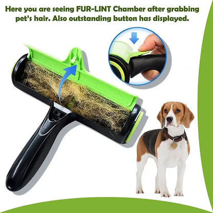 Pet grooming tool with fur and hair on it, next to a dog, with text about the FUR-LINT Chamber.