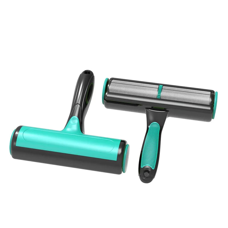 Two cleaning rollers with turquoise and black handles on a white background