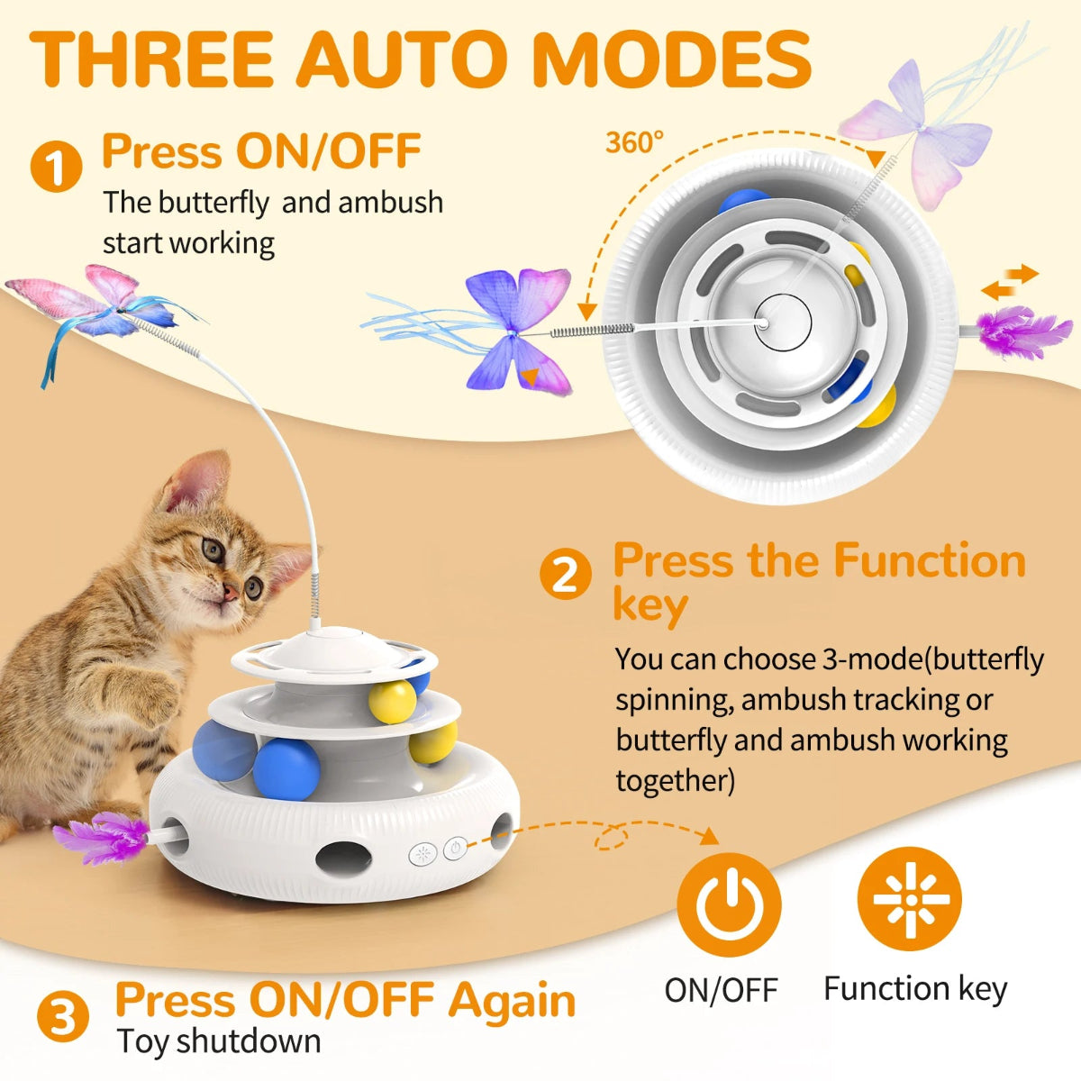 Cat toy with butterfly and ambushing features, featuring text on auto modes.
