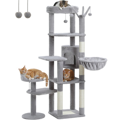 Gray cat tree with multiple levels, platforms, and a hanging ball toy on a white background.