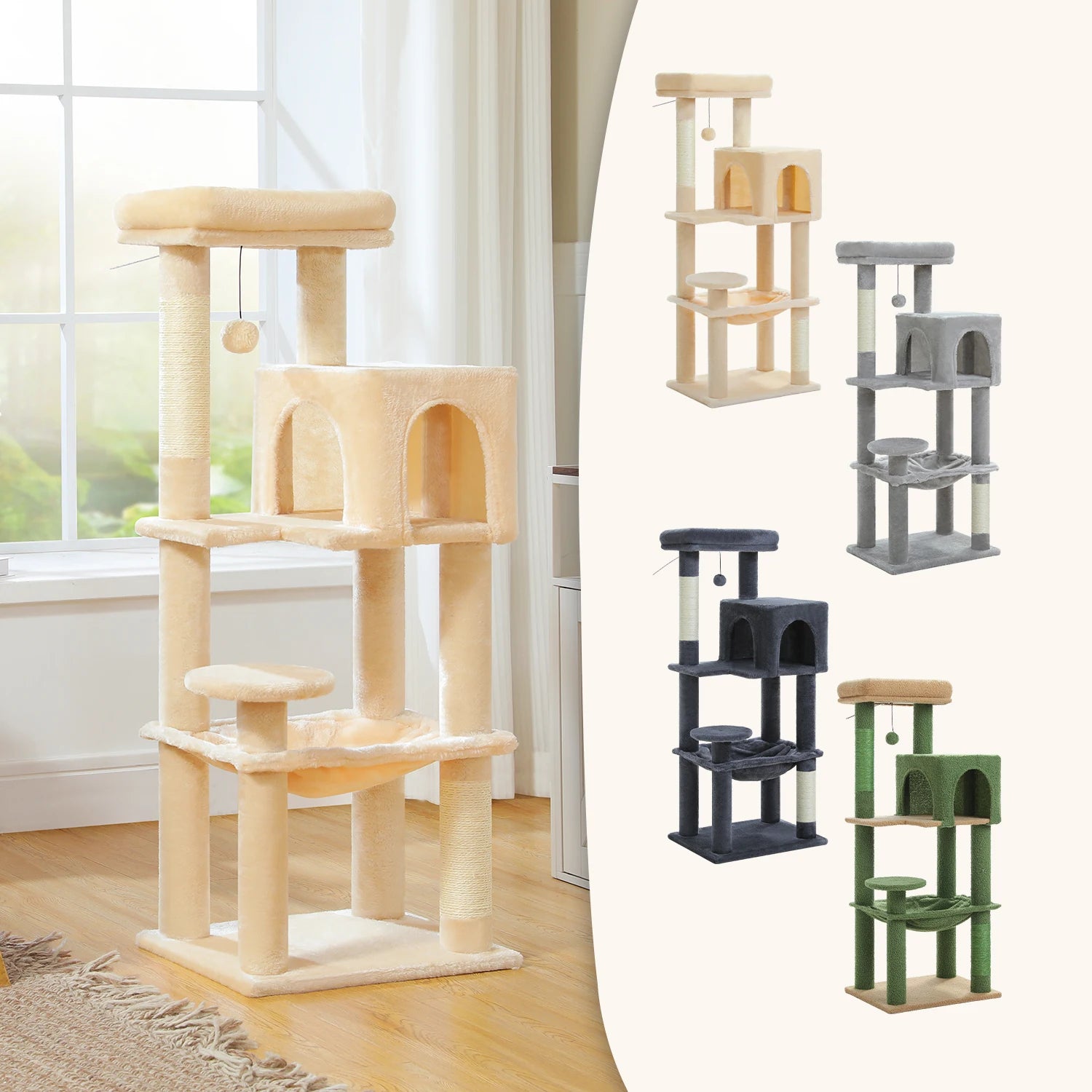 Set of cat trees in various colors on a white background