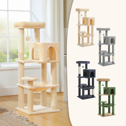 Set of cat trees in various colors on a white background