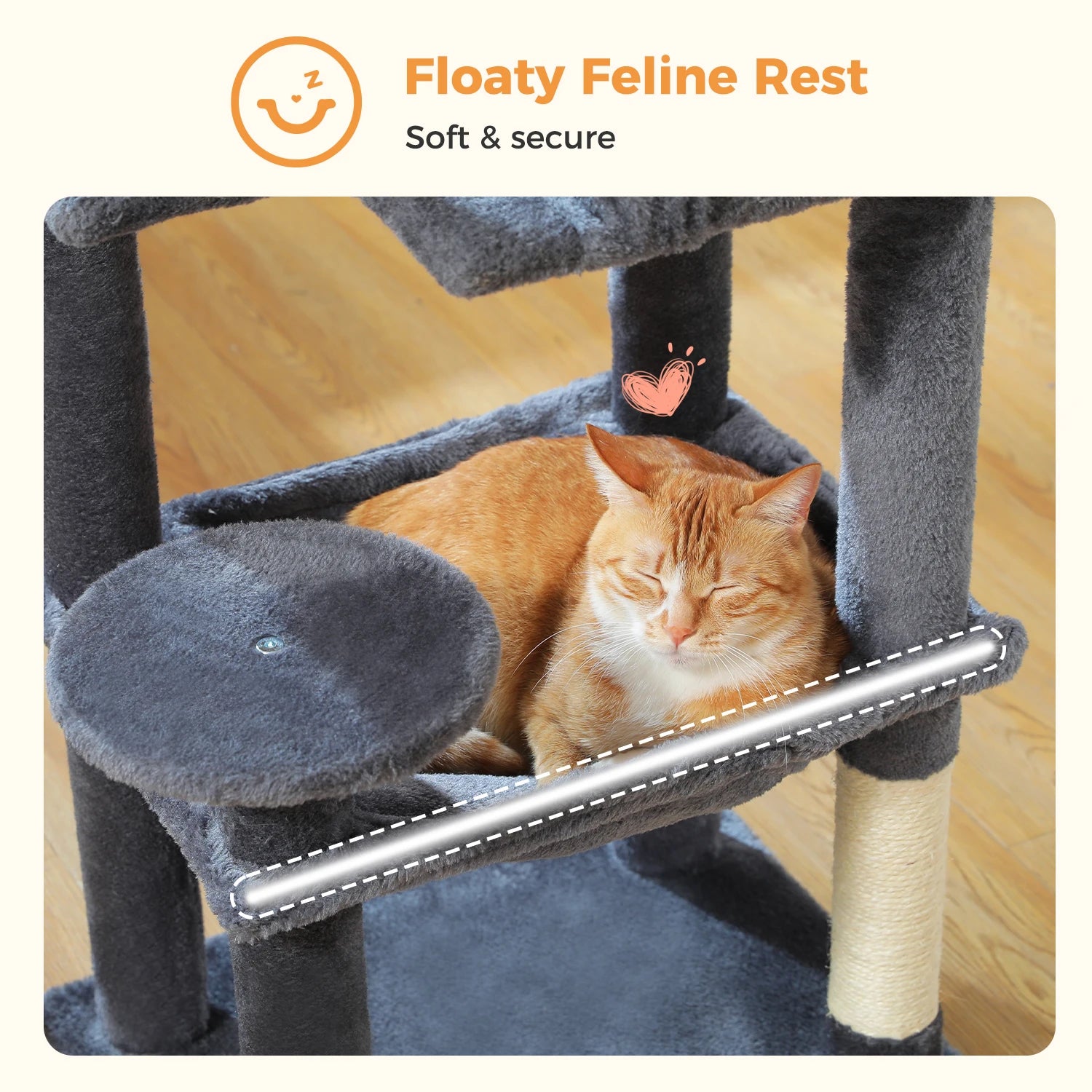 Cat resting on a 'Floaty Feline Rest' product with branding and text.
