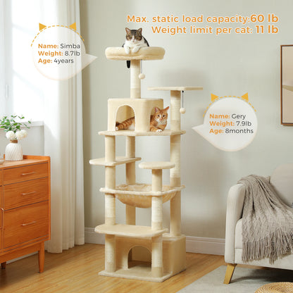 Cat tree with two cats on different levels, surrounded by a room with furniture and decor.