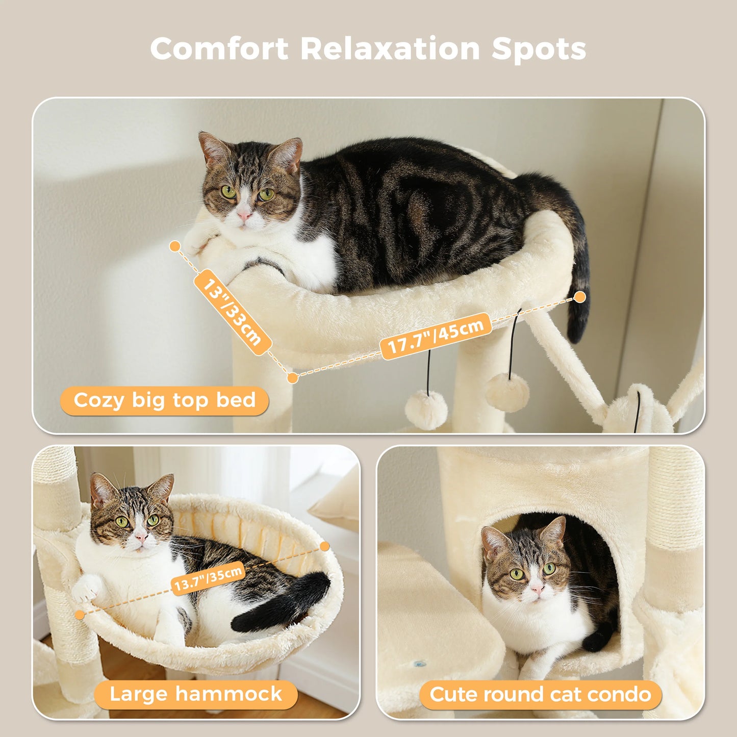 Cat lounging on a pet furniture set with measurements and product names.