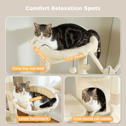 Cat lounging on a pet furniture set with measurements and product names.