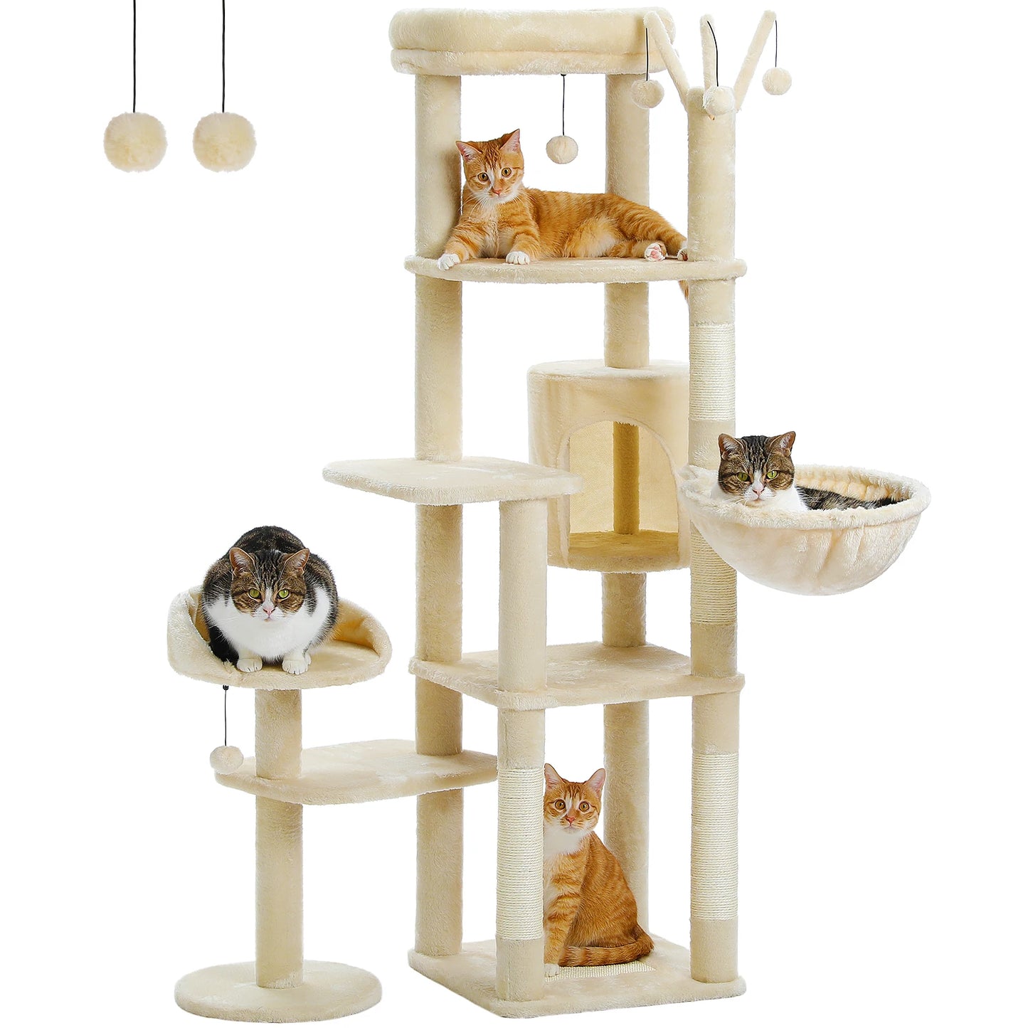 Cat tree with multiple levels and a hammock, featuring cats on different platforms.