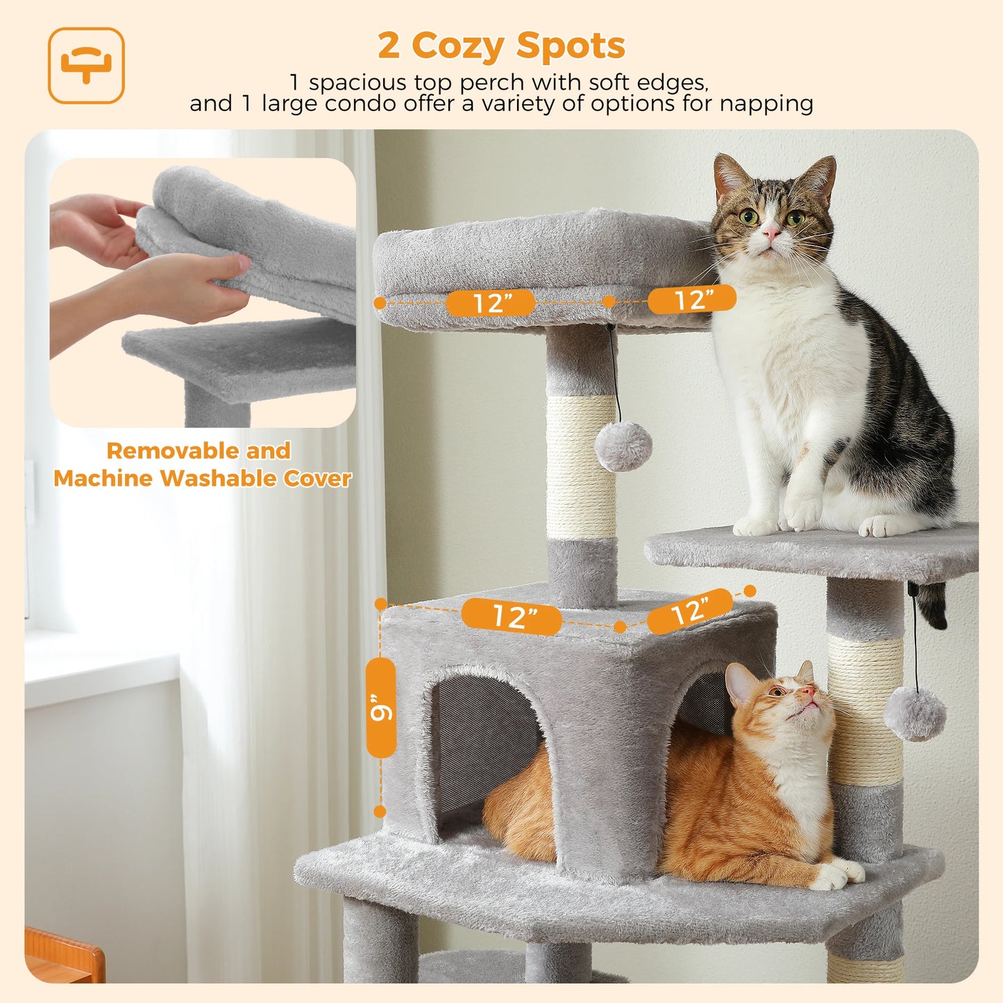 Cat tree with two cats on different levels, labeled features, and measurements.