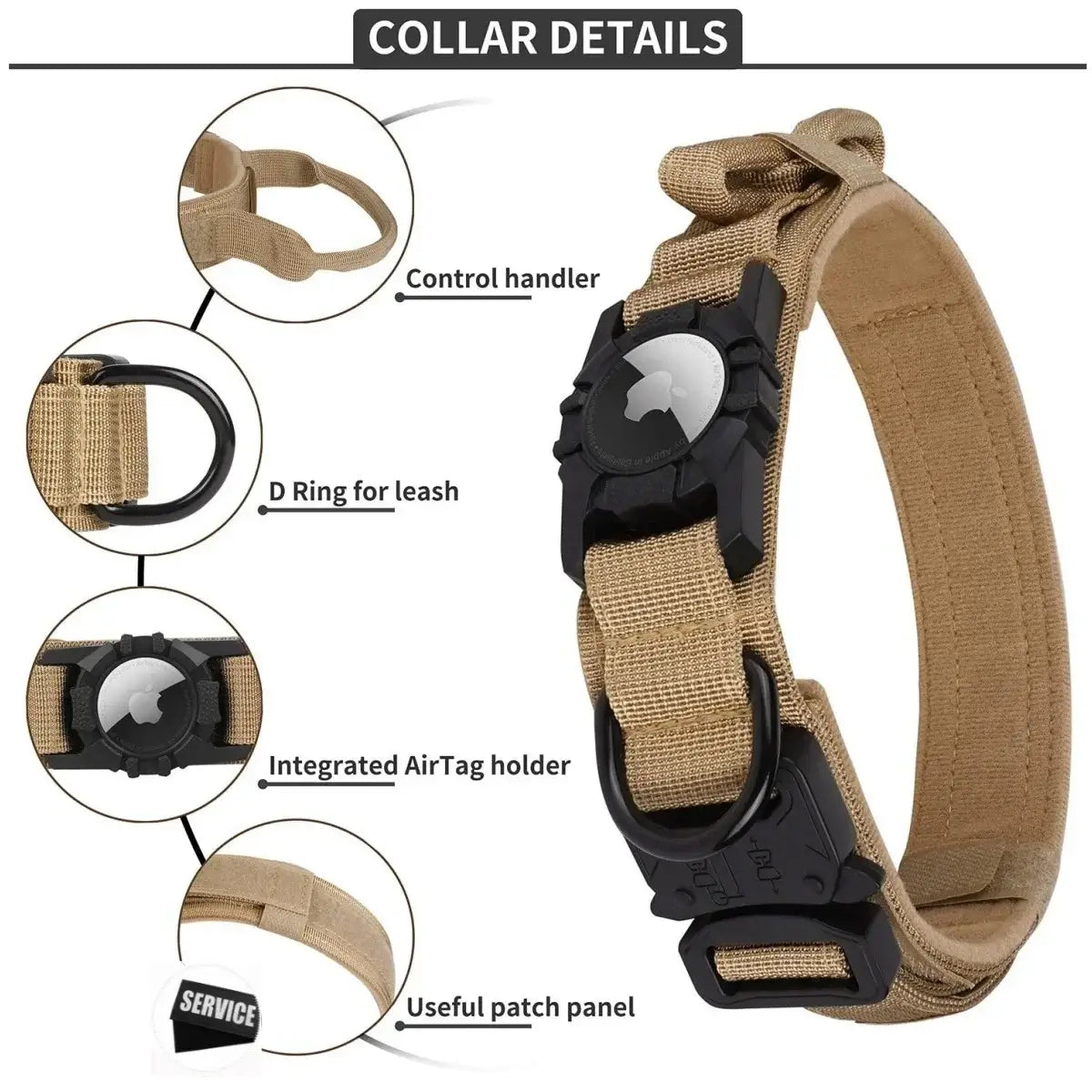 Adjustable tactical dog collar with integrated AirTag holder, control handle, D-ring, and durable metal buckle.
