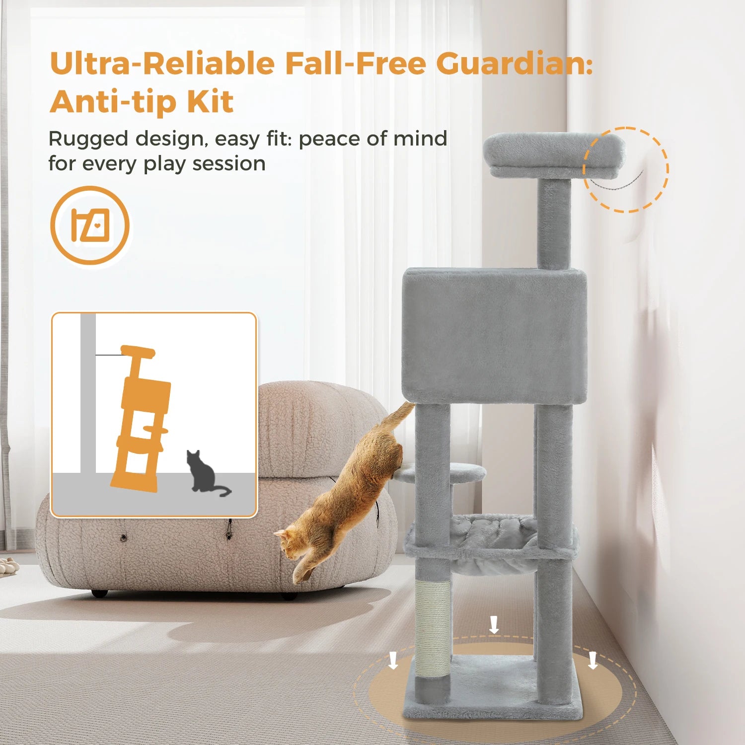 Cat climbing tree with anti-tip kit feature and text about reliability and peace of mind.