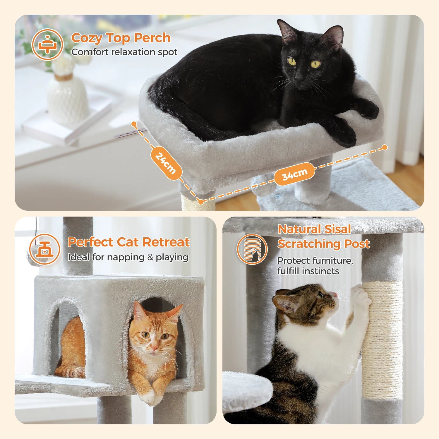 Cat tree with cats on different levels, highlighting features like a cozy top perch, perfect cat retreat, and natural sisal scratching post.