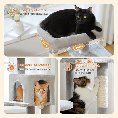 Cat tree with cats on different levels, highlighting features like a cozy top perch, perfect cat retreat, and natural sisal scratching post.