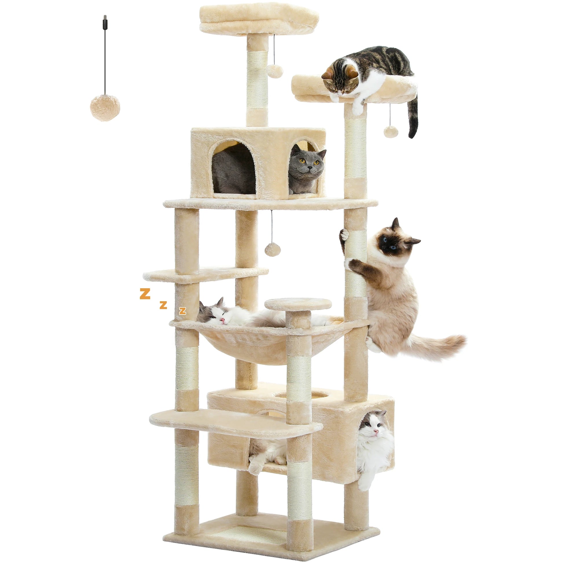 Cat tree with multiple cats on a white background