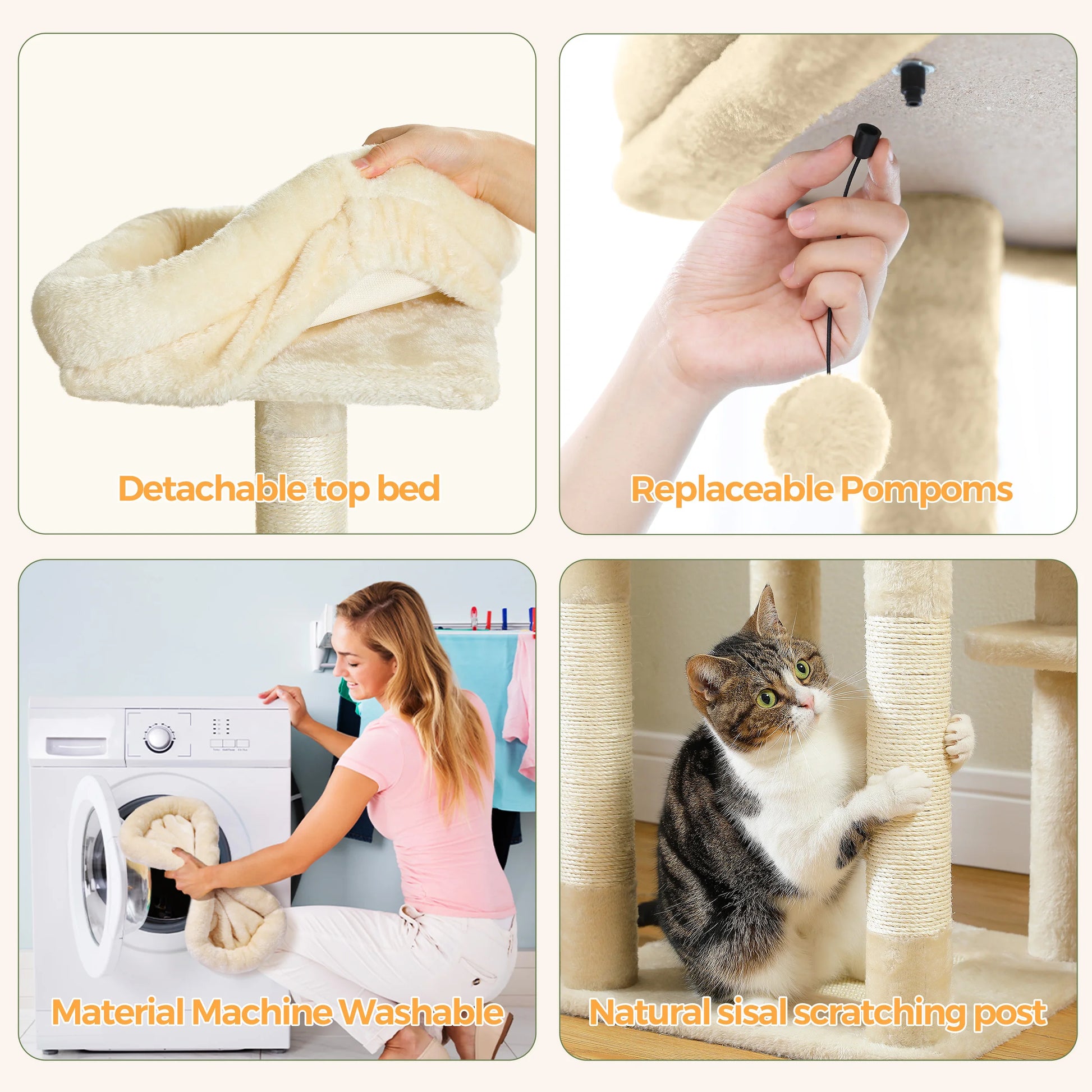 Collage of a cat tree with features like detachable top bed, replaceable pom-poms, material machine washability, and natural sisal scratching post.