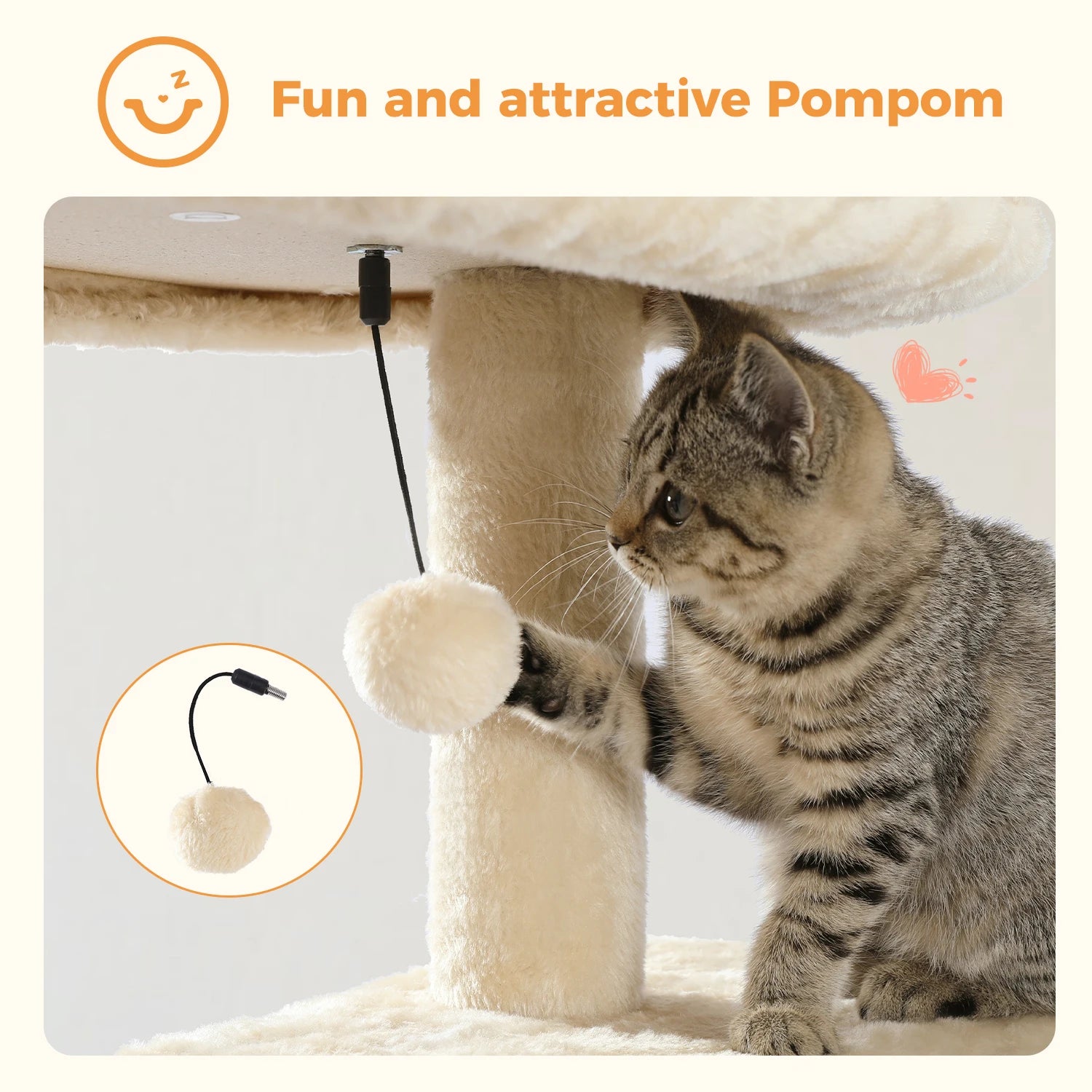 Cat playing with a pom-pom toy attached to a scratching post, with text 'Fun and attractive Pompom'.