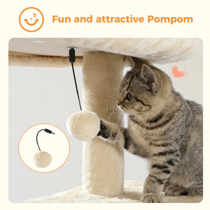 Cat playing with a pom-pom toy attached to a scratching post, with text 'Fun and attractive Pompom'.