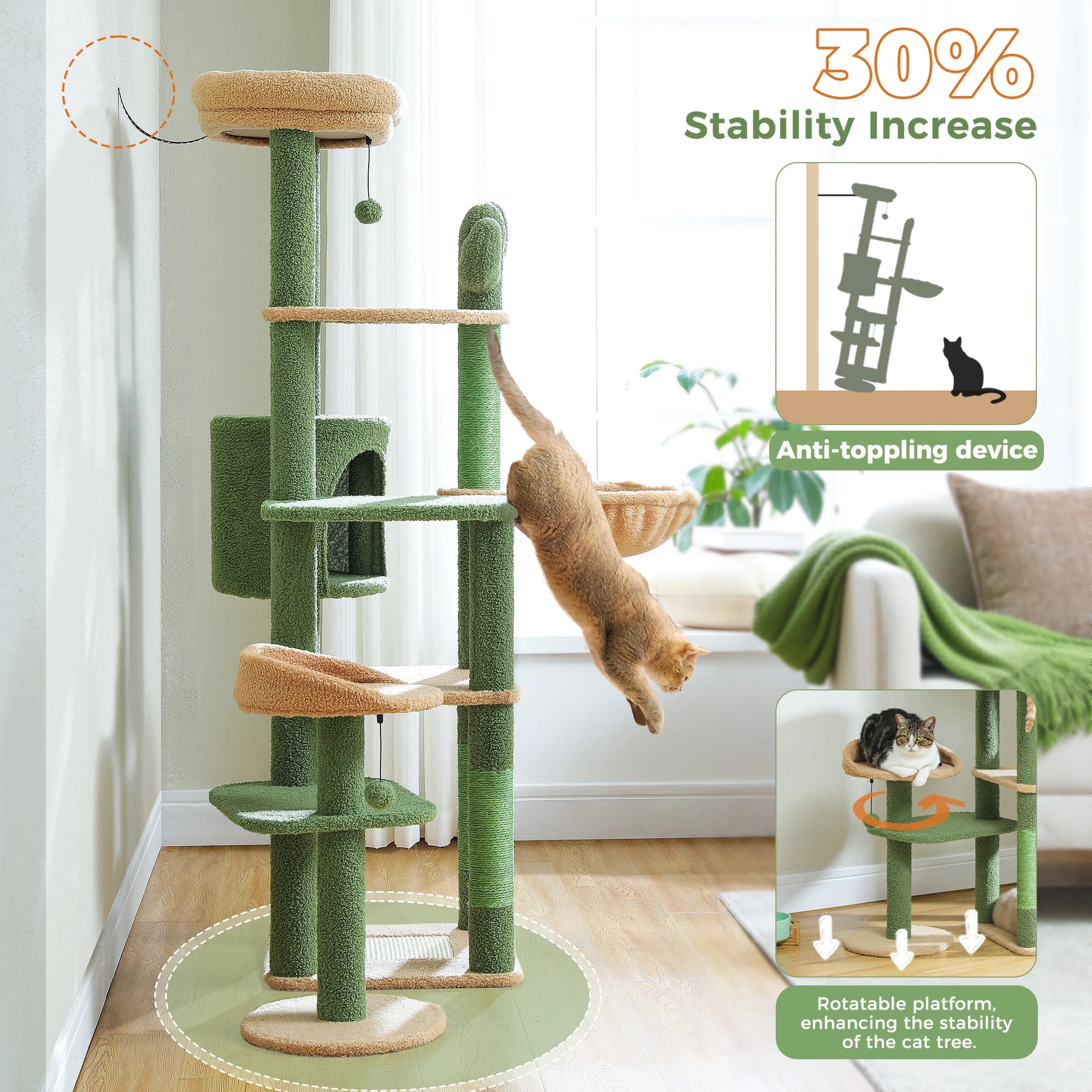 Green cat tree with stability features in a home setting