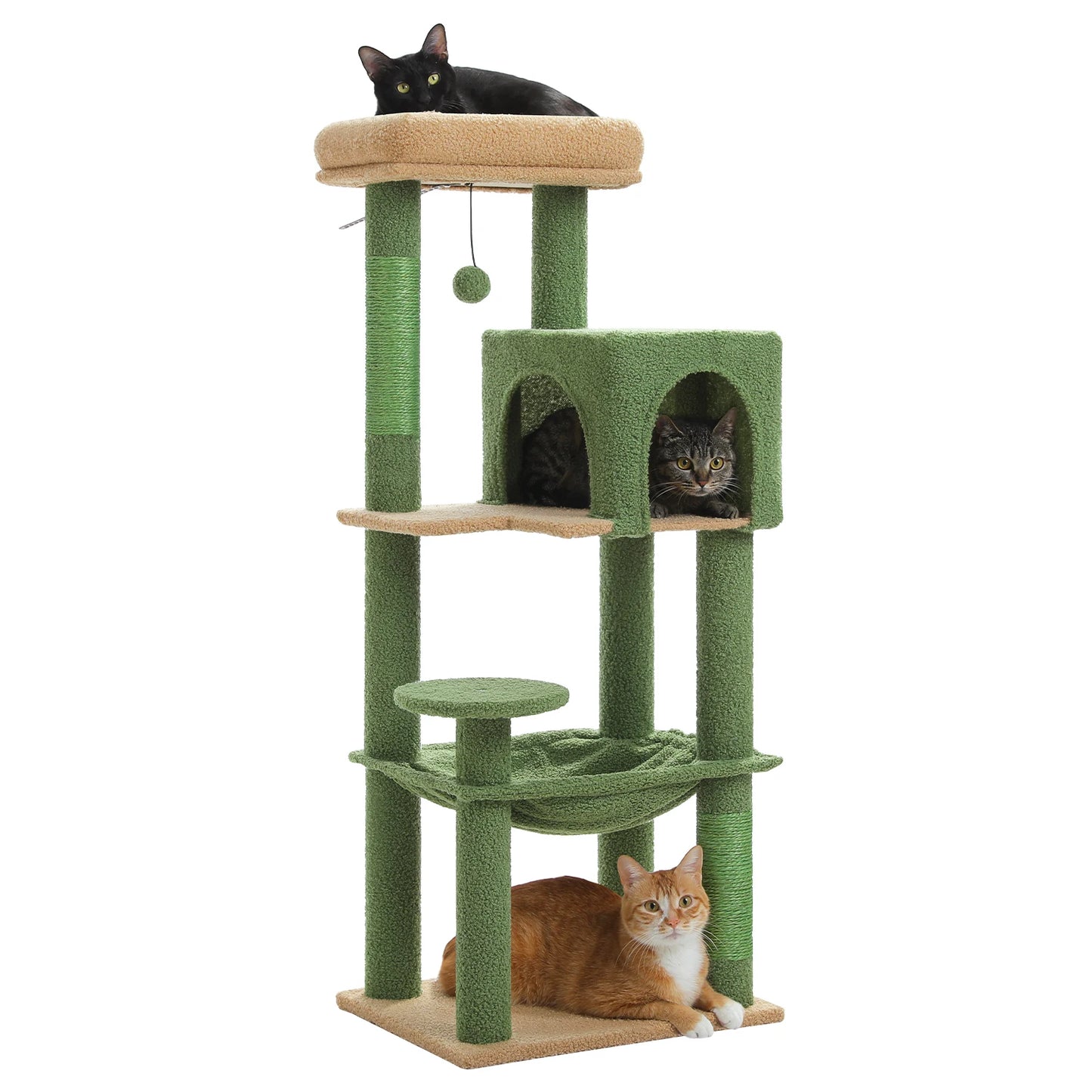Green and beige cat tree with multiple cats on a white background
