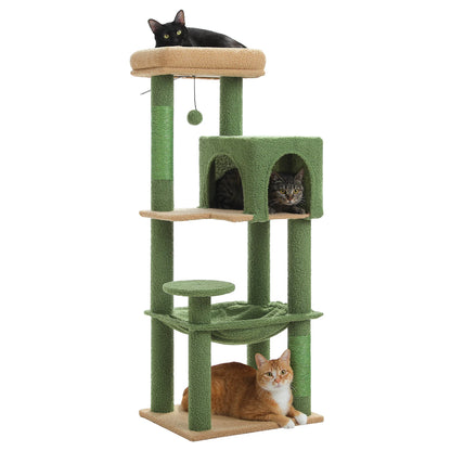 Green and beige cat tree with multiple cats on a white background