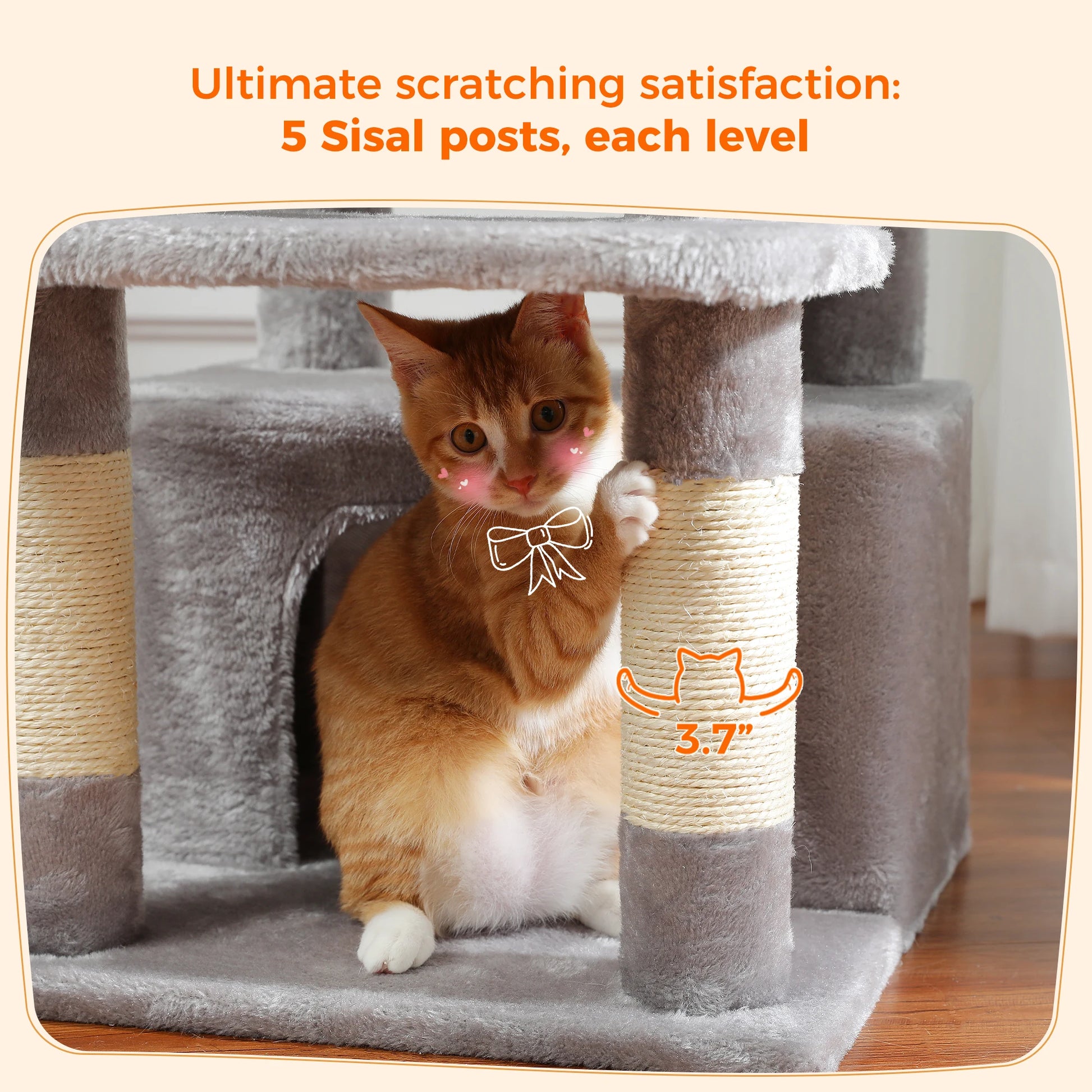Cat playing with a cat tree with sisal posts, text indicating satisfaction.