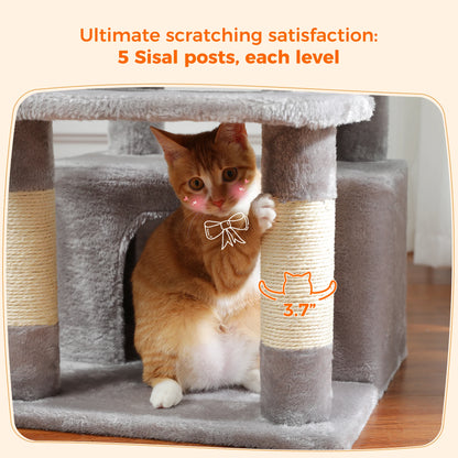 Cat playing with a cat tree with sisal posts, text indicating satisfaction.