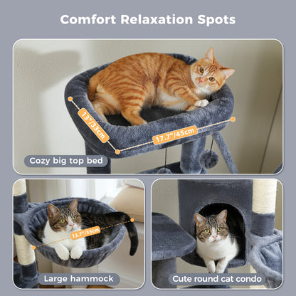 Cat tree with cat on top, hammock, and round condo with measurements and text 'Comfort Relaxation Spots'.