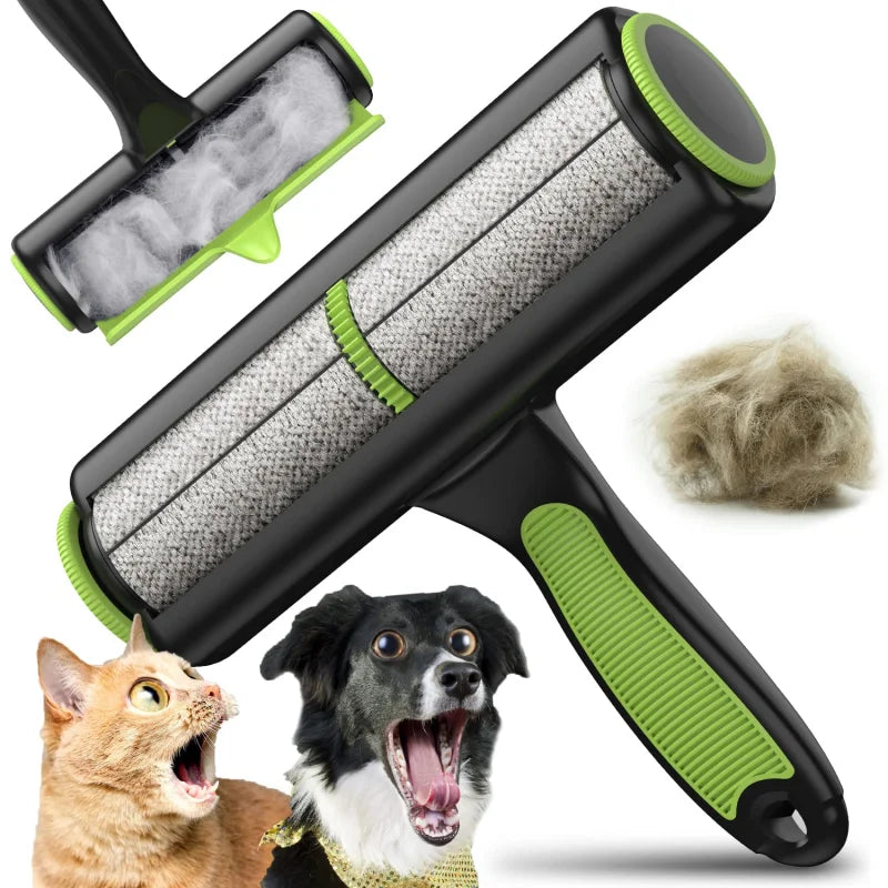 Pet grooming tool with a roller and brush attachment, showing pet hair collected, on a white background.