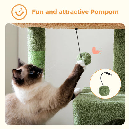 Cat playing with a green cat tree with a pom-pom toy attached, featuring the brand 'Pompom'.