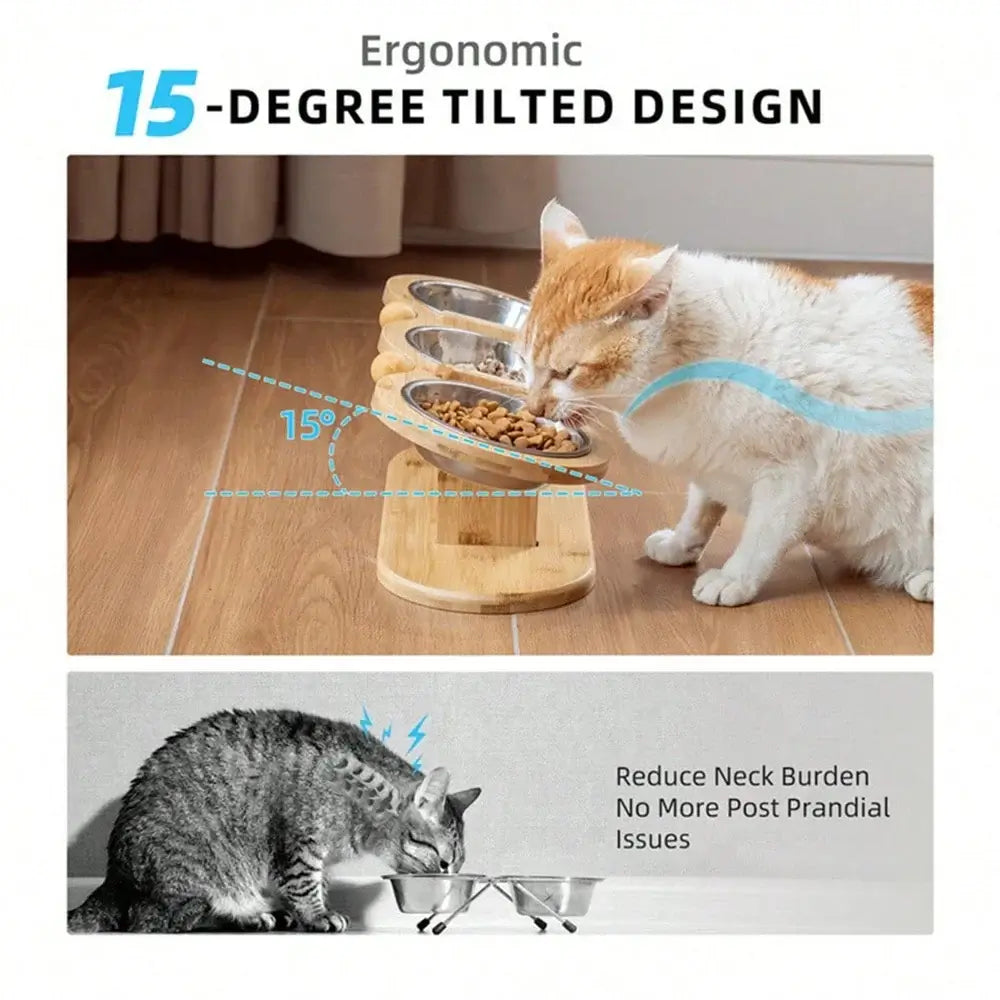 15-degree tilted cat feeder with stainless steel bowls and wooden stand; ergonomic design reduces neck strain.