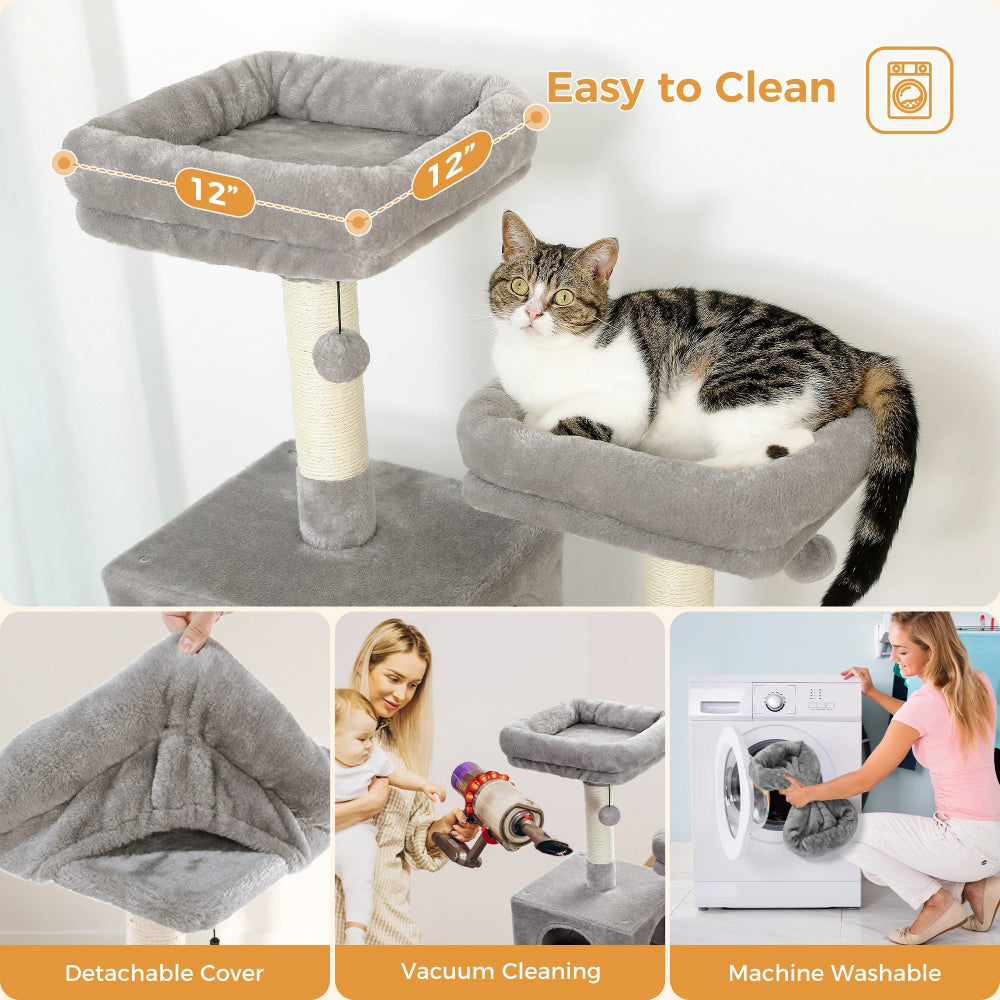 Cat tree with detachable cover, vacuum cleaning, and machine washing features.