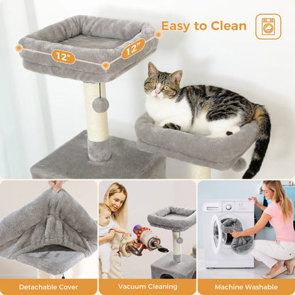 Cat tree with detachable cover, vacuum cleaning, and machine washing features.
