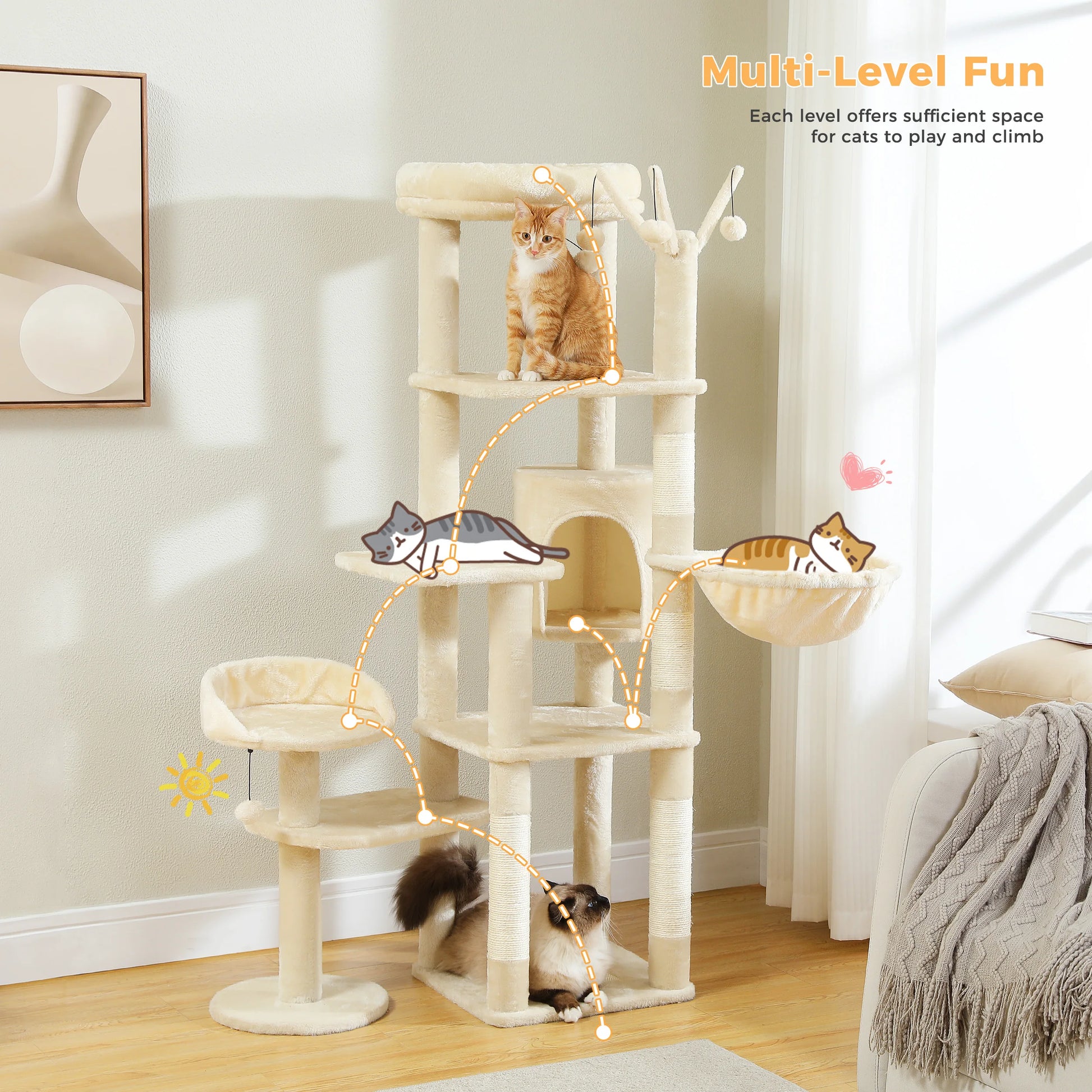 Multi-level cat tree with cats on each level in a home setting