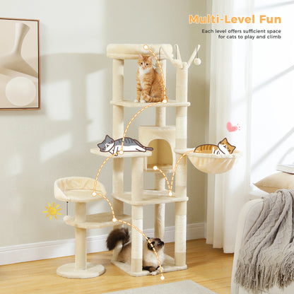 Multi-level cat tree with cats on each level in a home setting