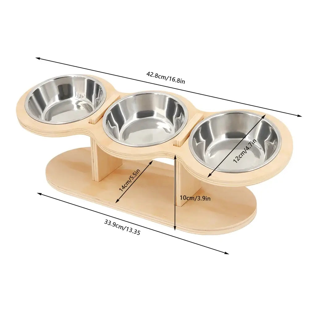 3-in-1 tilted cat feeder with three stainless steel bowls on a wooden stand, dimensions labeled.