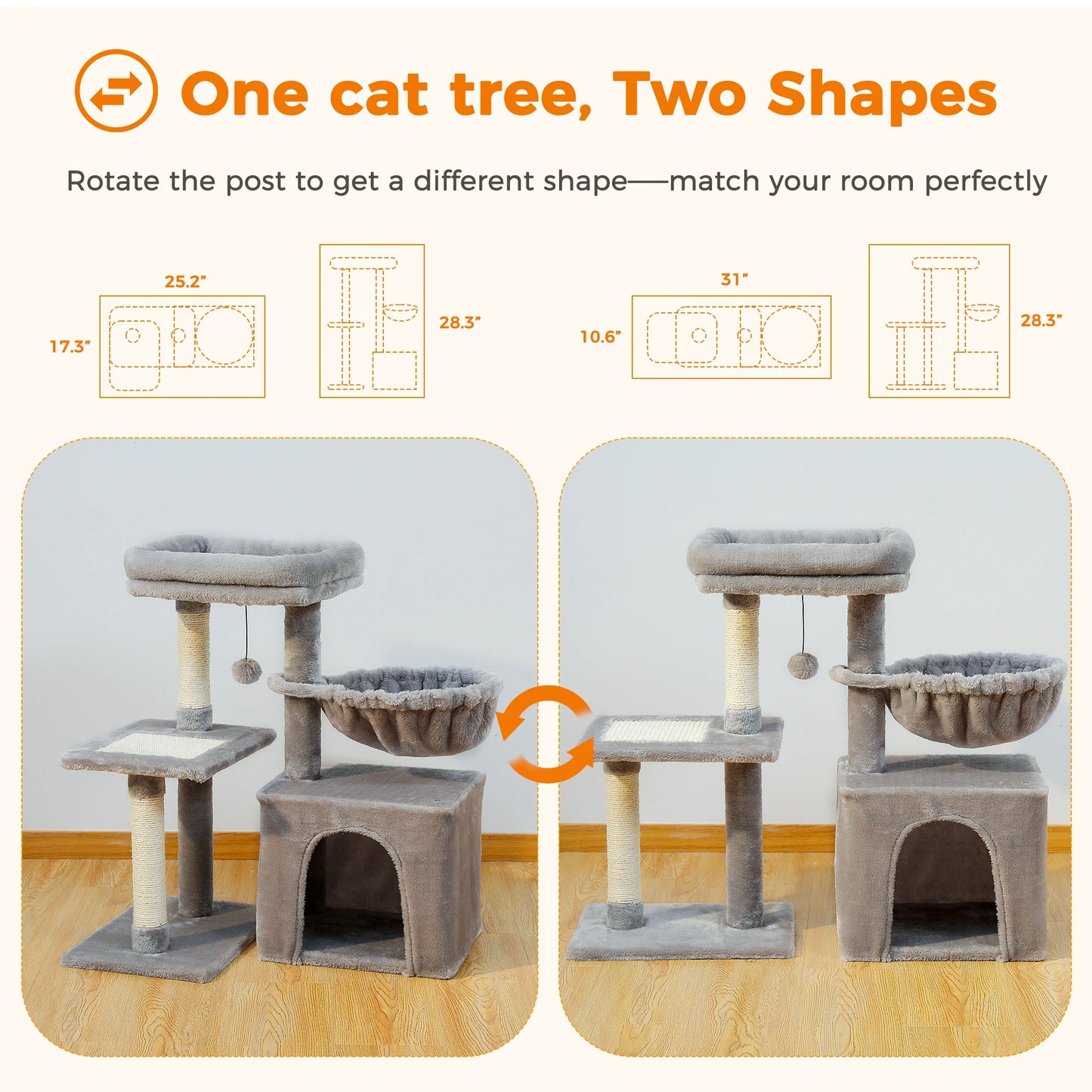 Premium Cat Activity Tree 2-in-1 - Convertible Tower with Hammock & Removable Perch