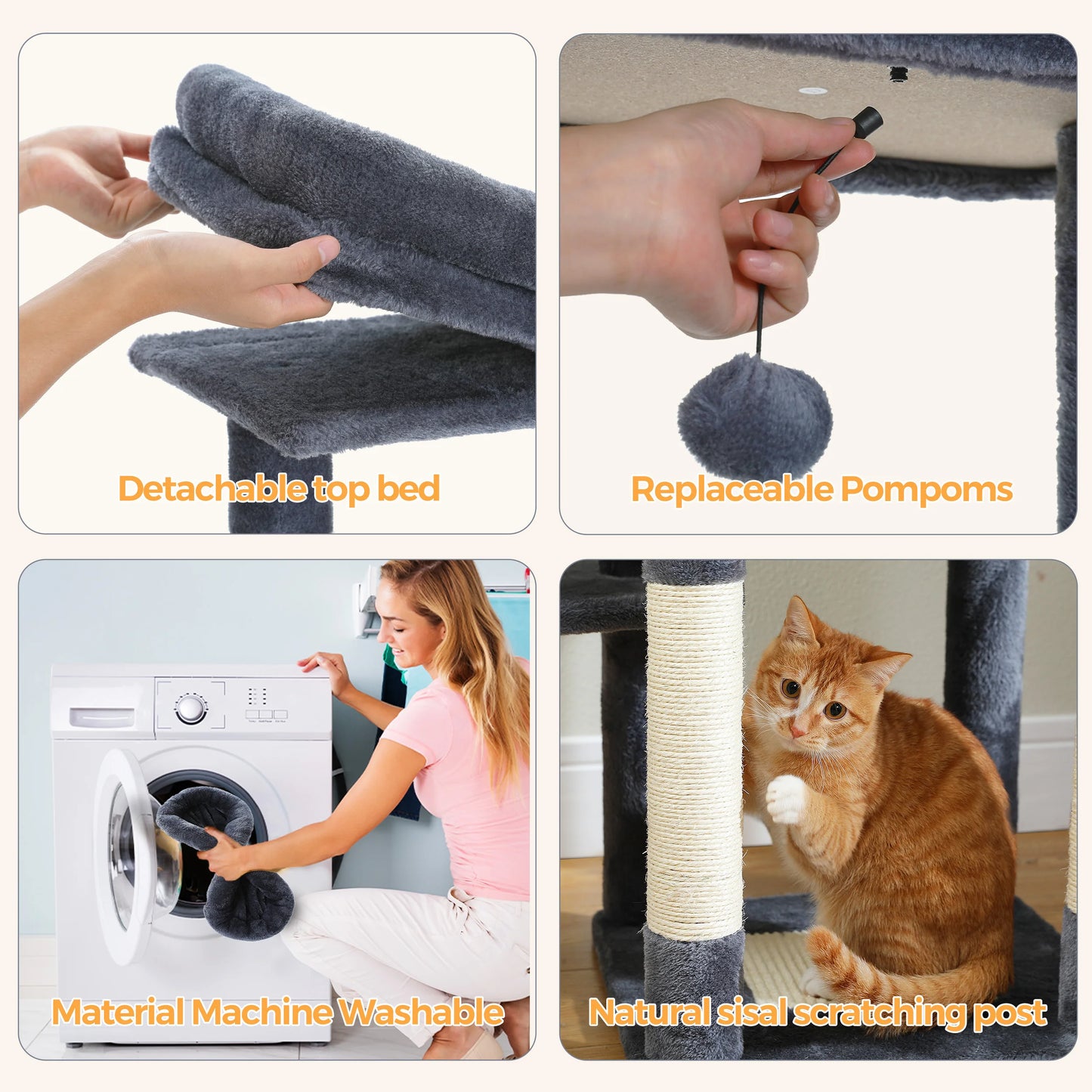 Collage of a cat tree with features like detachable top bed, replaceable pom-poms, machine-washable material, and natural sisal scratching post.