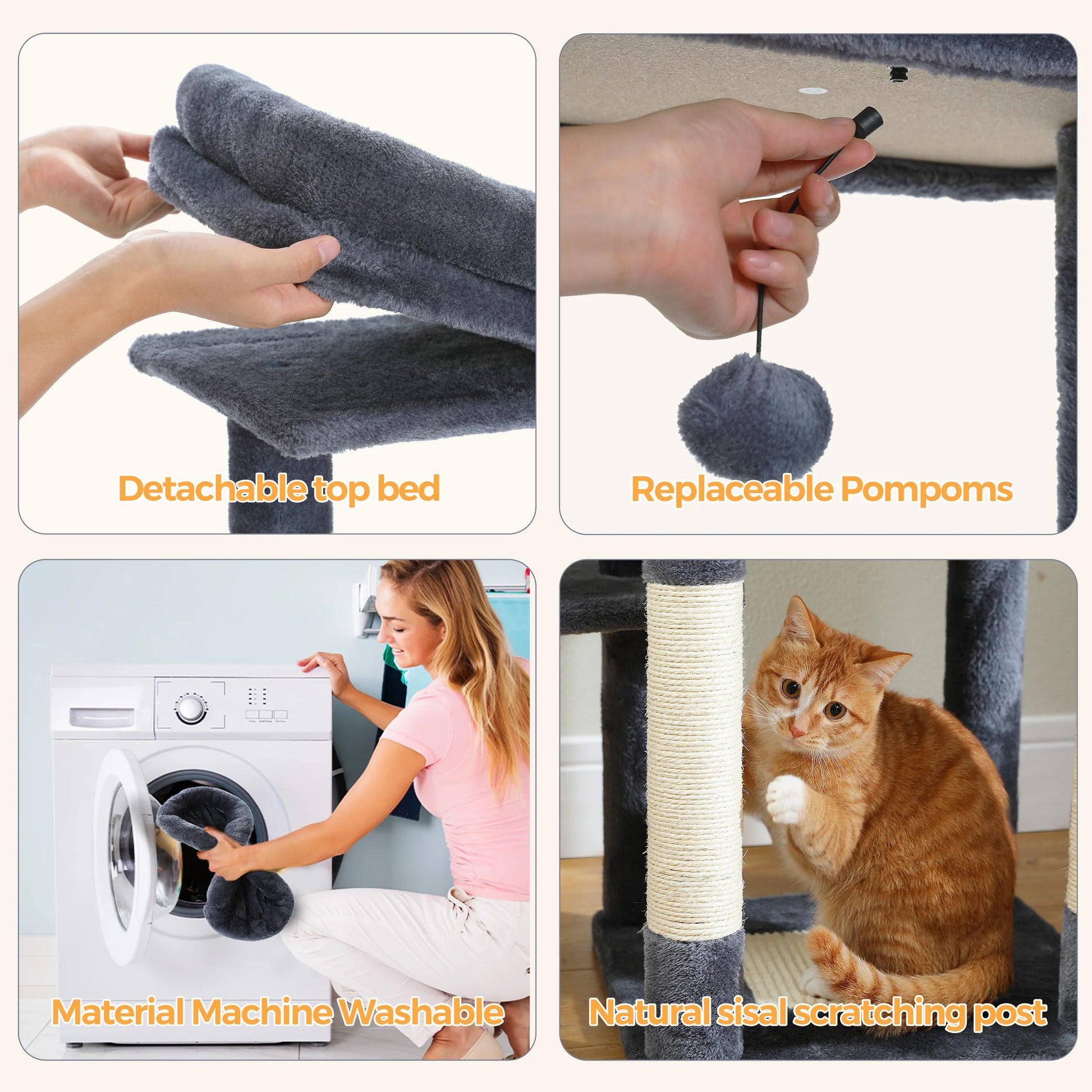 Collage of a cat tree with features like detachable top bed, replaceable pom-poms, machine-washable material, and natural sisal scratching post.