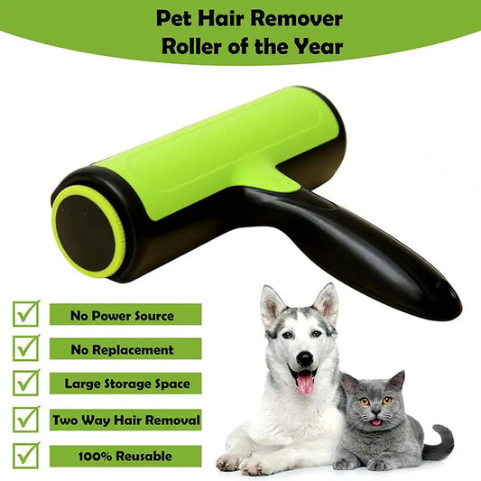 Pet hair remover roller with a green background, featuring a dog and cat.