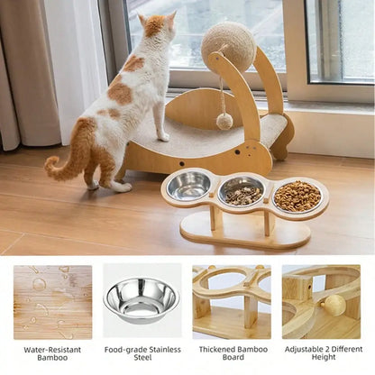 3-in-1 tilted cat feeder with stainless steel bowls on a wooden stand, designed for comfort and cleanliness during feeding.