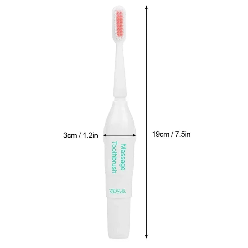 White massage toothbrush with measurements on a white background