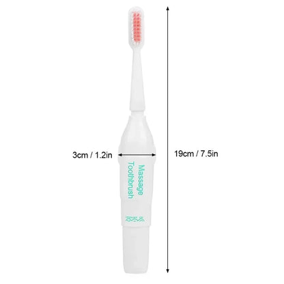White massage toothbrush with measurements on a white background