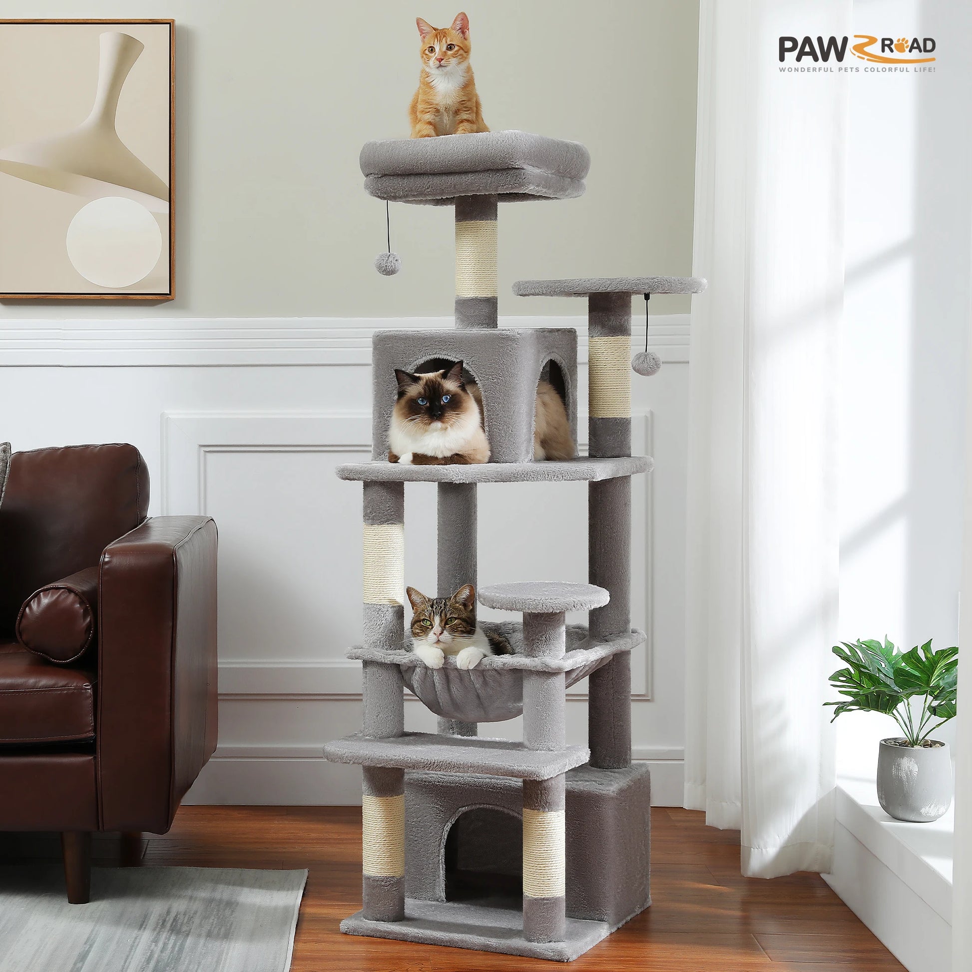 Cat tree with cats in a living room setting, featuring the brand 'PAWROAD'.