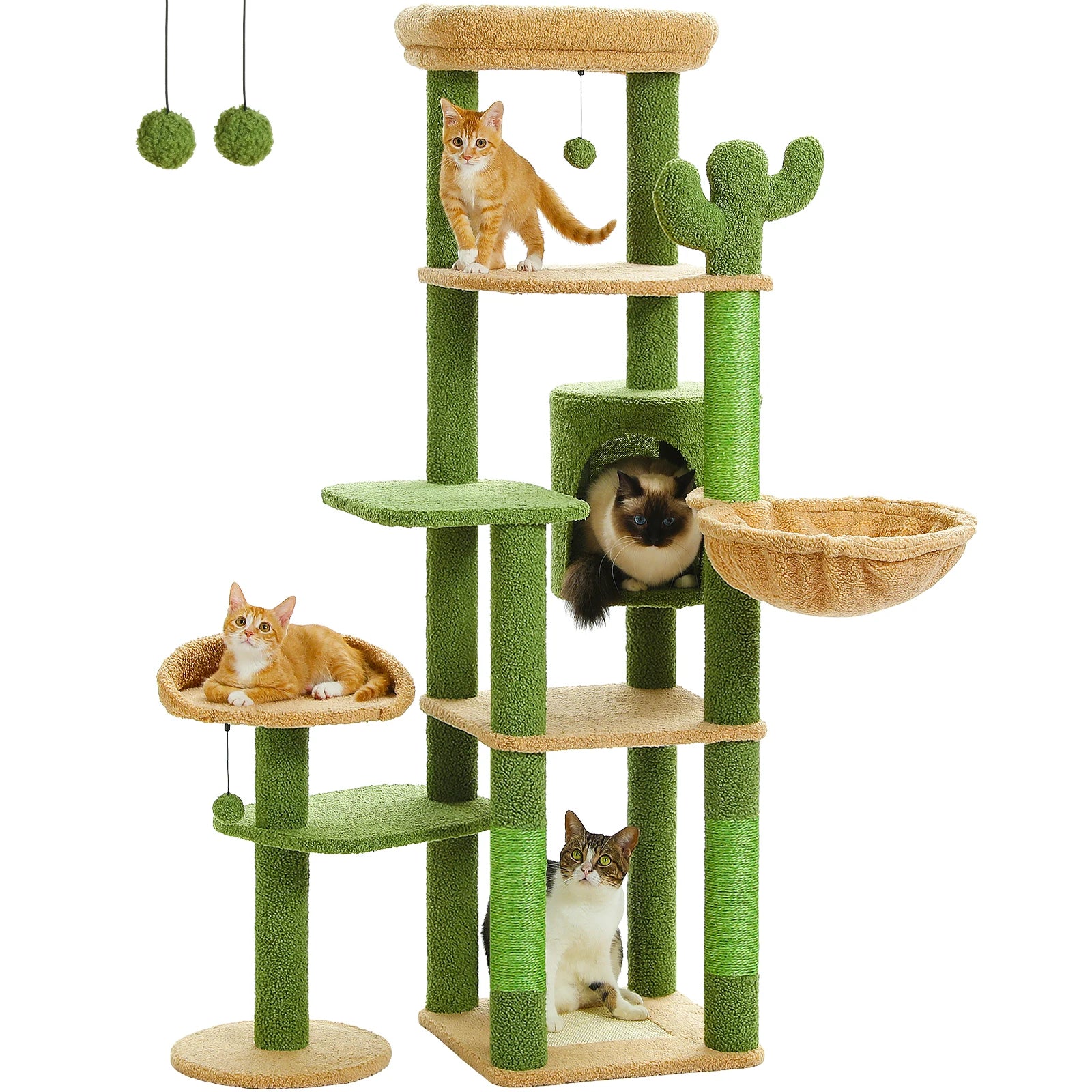 Green cat tree with multiple levels and toys, featuring cats on different platforms.