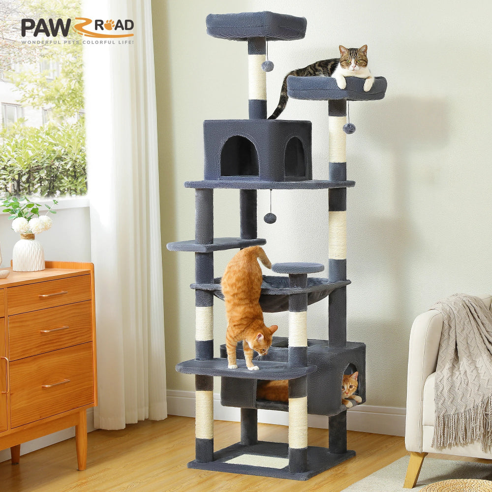 Cat tree with multiple cats on different levels in a home setting
