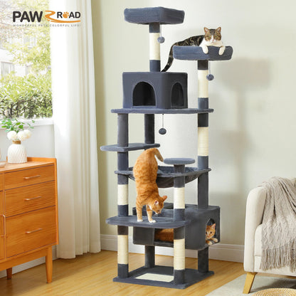 Cat tree with multiple cats on different levels in a home setting