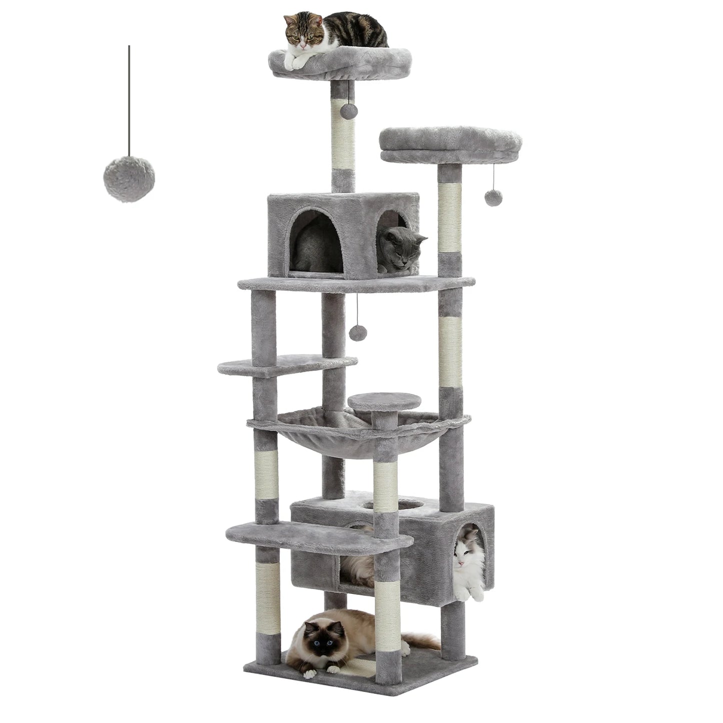 Gray cat tree with multiple levels and a cat on top