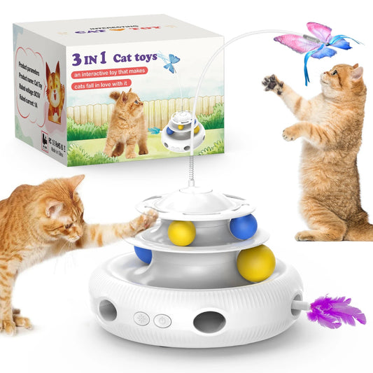 3-in-1 cat toy with colorful balls and feather, accompanied by a cat playing with it and the packaging.