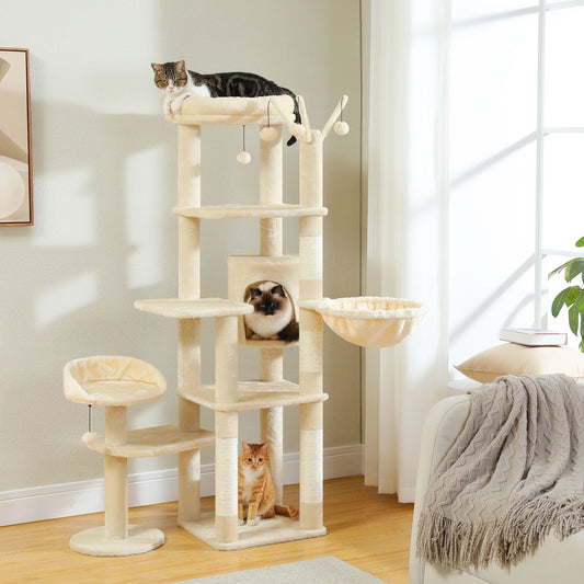 Cat tree with multiple cats on different levels in a home setting