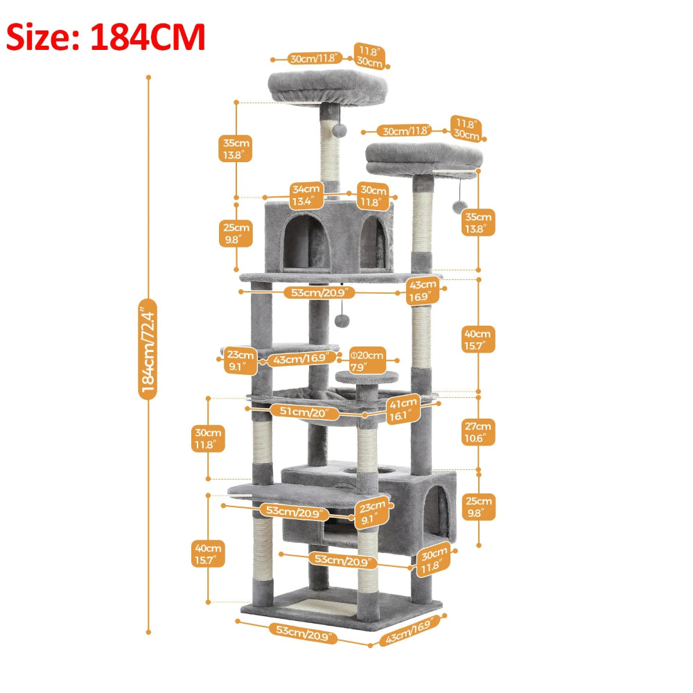 Gray cat tree with dimensions labeled on a white background